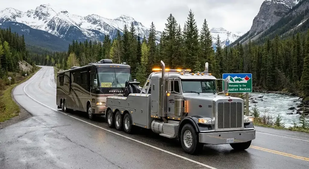 Edmonton heavy-duty tow truck with RV in transport