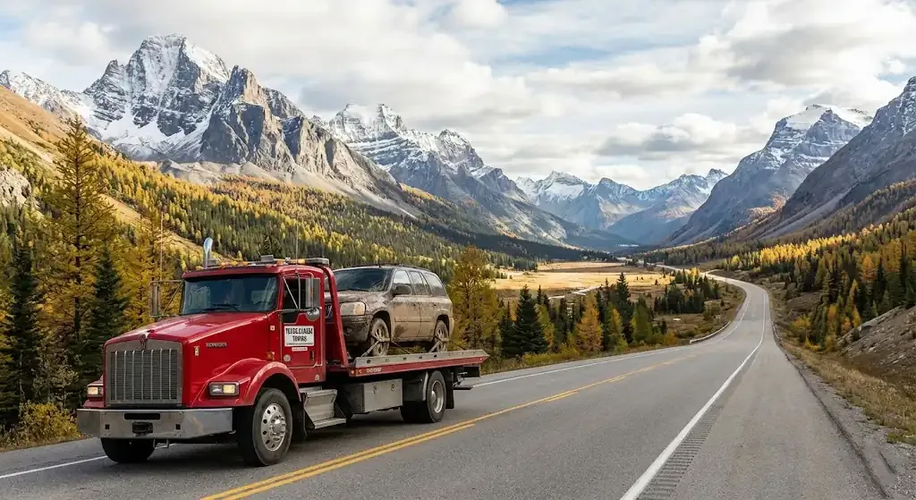 long-distance tow truck on a Edmonton highway corridor