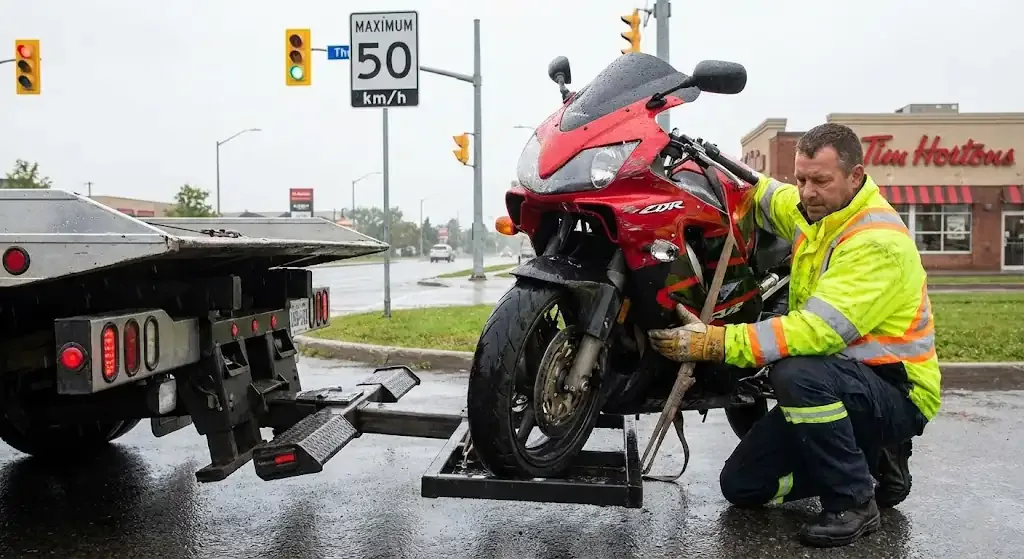 Edmonton motorcycle being safely loaded for transport