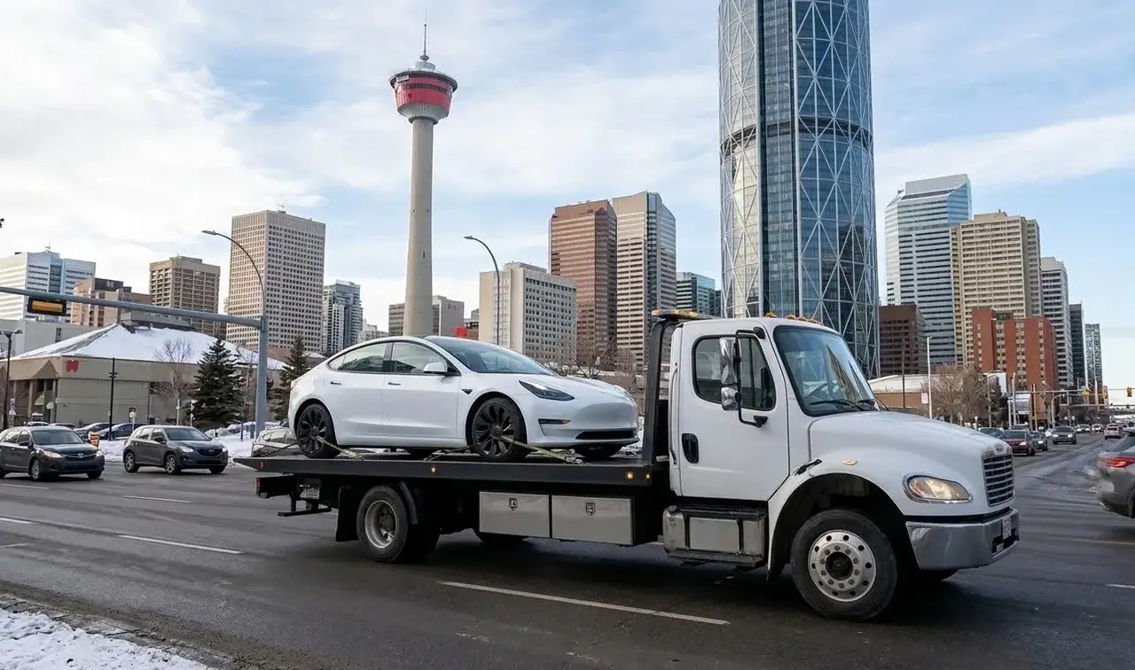 Edmonton electric vehicle on flatbed transport
